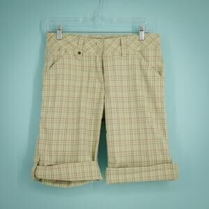 Lole Size 6 Tan Beige Plaid Print Bermuda Cuffed Roll Tab Active Hiking Shorts